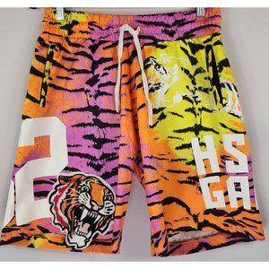 Hustle Gang Shorts Mens Medium Multi Color Front Tie with Tiger Patch Shorts